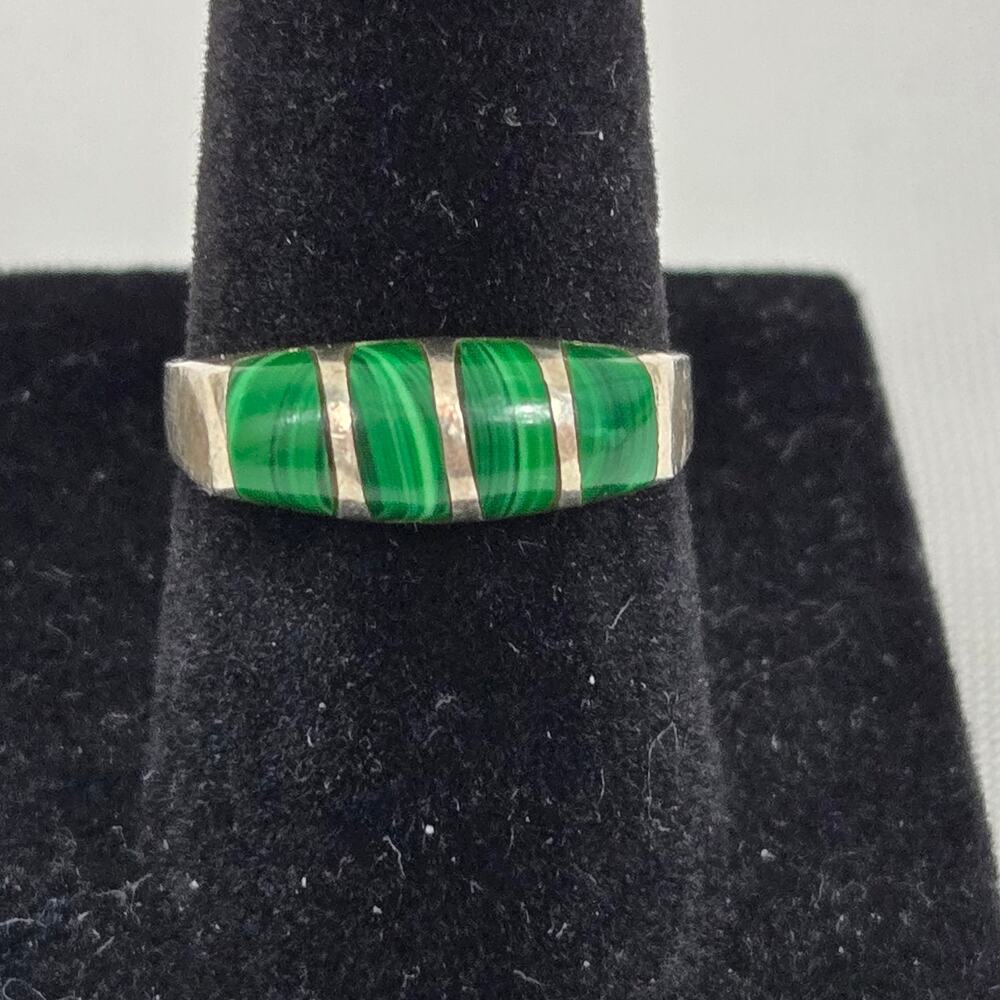 VTG Women's 925 Sterling Silver Mexico Green Malachite Inlay Ribbon Ring Size 6
